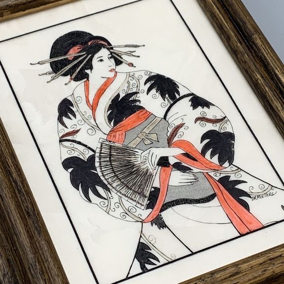 Framed Geisha Girl in Kimono Robe Fan Etched Art D R Mueller Signed Faux Marble - Picture 9 of 14